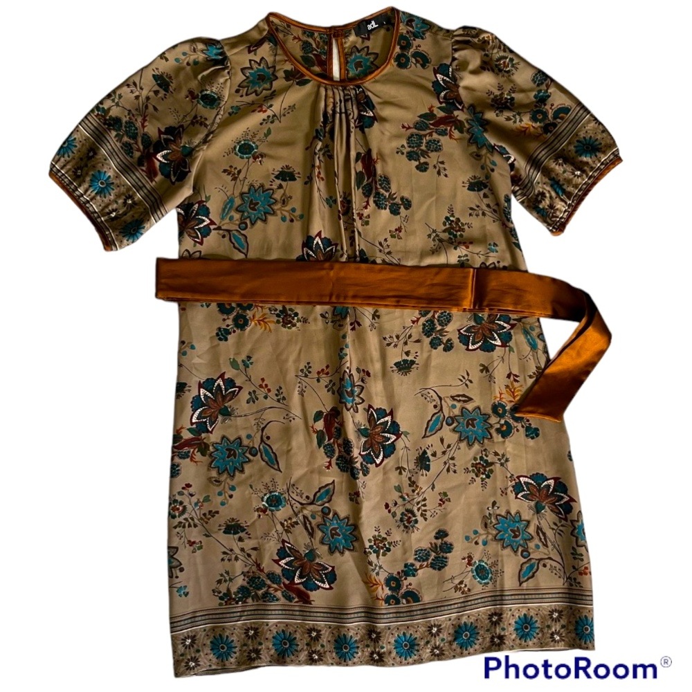 Unique satin dress with belt. Floral print on gold background. ADL size Large.